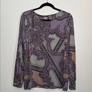 Chico’s Paisley Print Long Sleeve Top Purple Gray Size 1 Soft Stretch medium